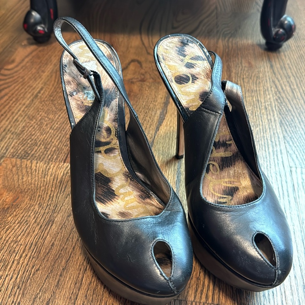 Sam Edelman Novato Sling Back Black Leather Peep Toe Heels Size 8